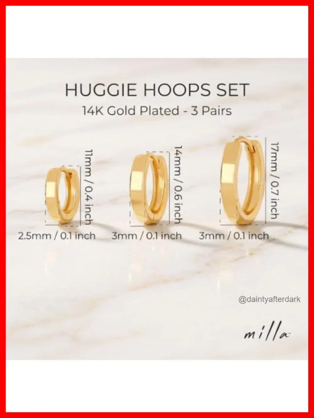 Set of 6 Small Huggie Hoop Earrings, 14K Gold Plated, Hypoallergenic